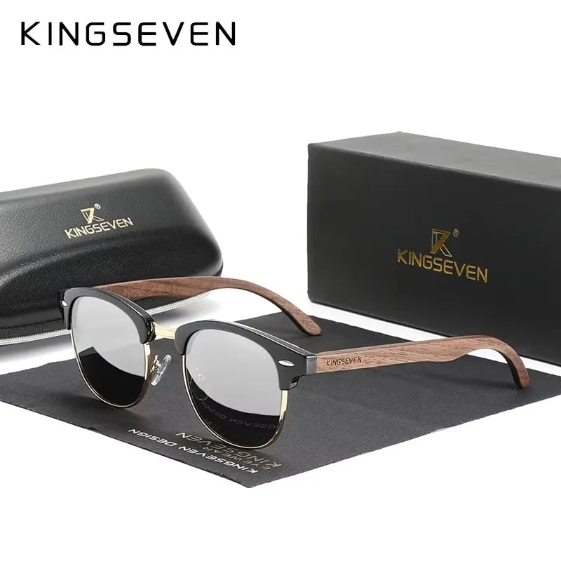 KINGSEVEN Brand Walnut Sunglasses Men Women Polarized UV400 Lens Wood Round Frame Glasses Vintage Retro Luxury Eyewear Patchw