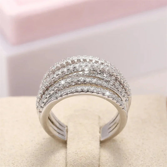 Huajie Inlaid Brilliant Zircon Annular Design Women's Rings Elegant Delicate Wedding Party Female Ring Shining Jewelry Trendy