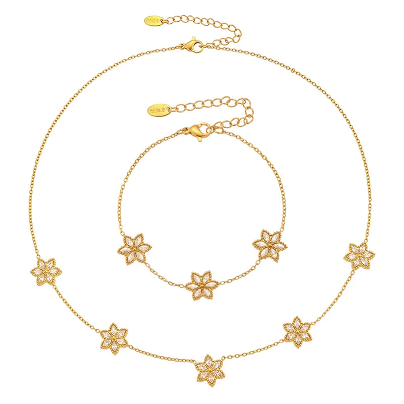 Lariat Y Necklace Matching Bracelet In Stainless Steel 18k Gold Plated With Zircon Flower Chain Necklaces Bracelets For Women