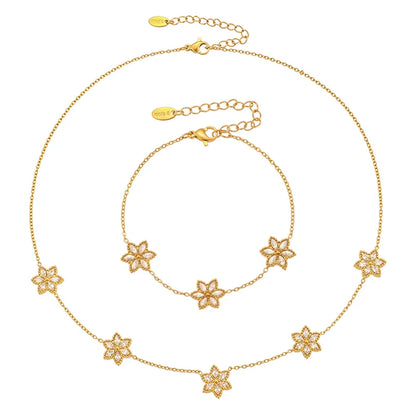Lariat Y Necklace Matching Bracelet In Stainless Steel 18k Gold Plated With Zircon Flower Chain Necklaces Bracelets For Women