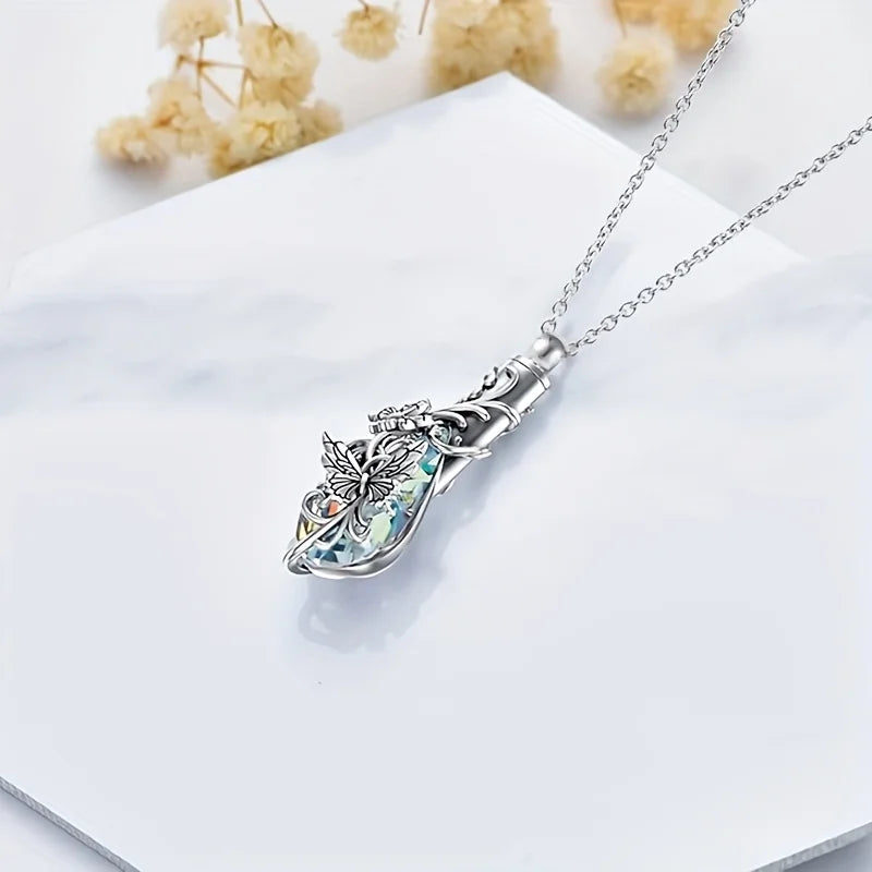 1PCS Animal Crystal Urn Necklace For Ashes Butterfly Cremation Necklace Teardrop Urn Holder Necklaces For Women Memorial Jewe