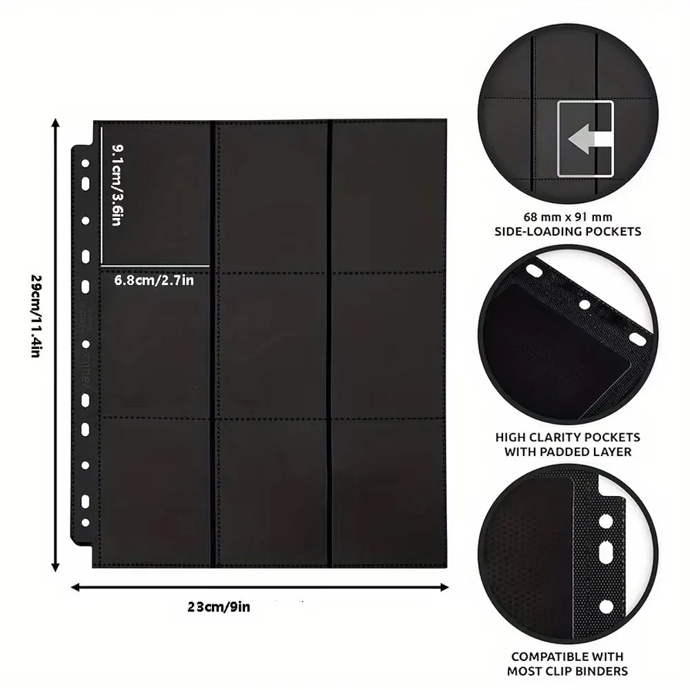 10Pack Black 9-Pocket A4 Trading Card Binder Pages Storage Wallet - Double-Sided Side-Loading Pockets for 180 Game Card。