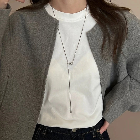 LATS Personality Stainless Steel Beaded Ball Pendant Necklace for Women Silver Color Double Layer Hip Hop Rock Chokers Jewelr