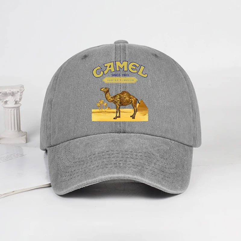 Vintage “Camel” Desert Scene Print Washed Baseball Cap - Adjustable Unisex Vintage Cap for Outdoor Hiking and Mountaineering 