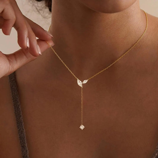 TRENDY Lariat Necklace 14K Gold CZ Y Shaped Teardrop Long Gold Necklace for Women - Prom Formal Summer Beach Jewelry