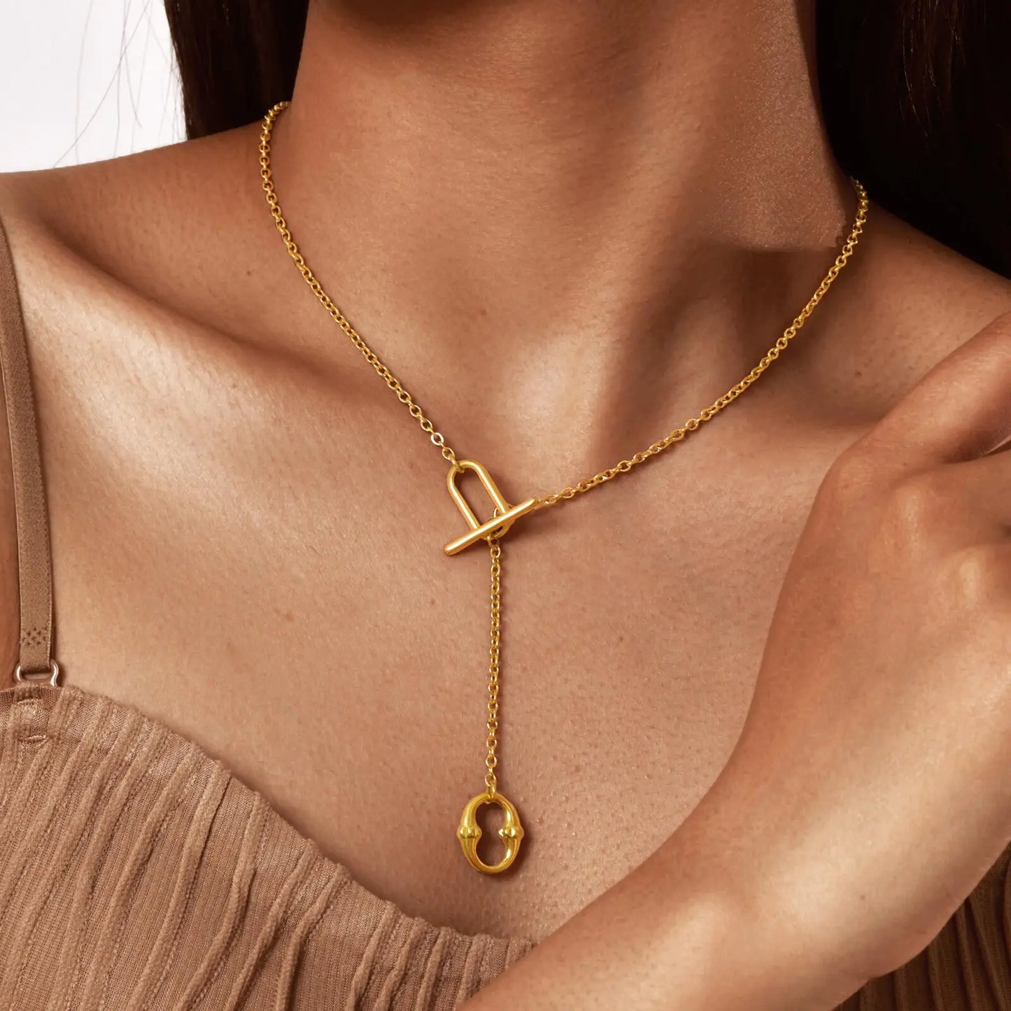 Lariat Necklace Women, Gold Plated Long Toggle Necklace, Y-shaped Geometric Drop Pendant Stainless Steel Collar Jewelry