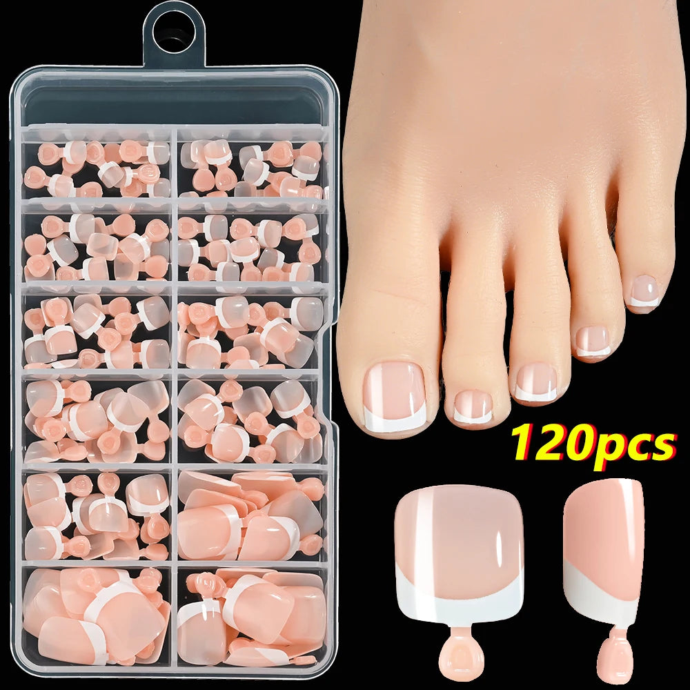 100Pcs White Short Square Flase Toenails Summer Press On Toes Full Cover Tips Pure Color Acrylic Artificial Wearable Toenails