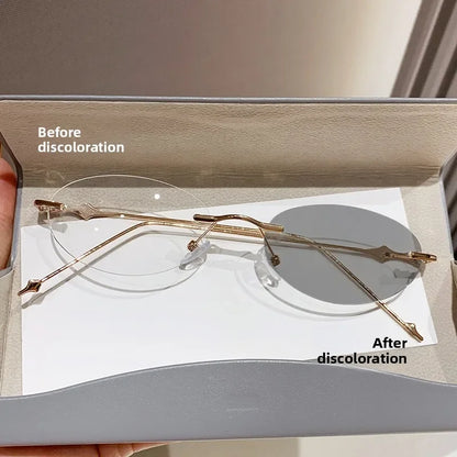 Small Oval Photochromic Myopia Glasses Women Men Fashionable Frameless Minus Diopter Glasses Trendy Outdoor Eyewear0-1.0-4.0 