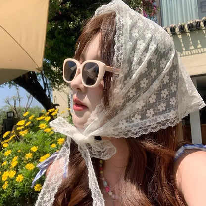 Lace Flower Elegant Temperament Lace Female Flower White Sweet Triangle Scarf Thin Breathable Ribbon Artistic Style Travel Ph