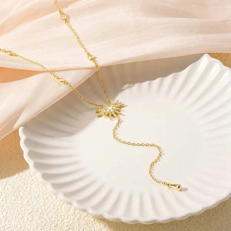 Stainless Steel Y-Shaped Pendant Necklace for Women Girls Elegant Fashion Cubic Zirconia Long Tassel Dangle Choker Jewelry Gi