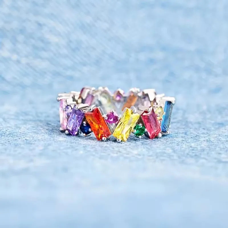 New Irregualr Design Colorful CZ Women Rings Gold Color/Silver Color Geometric CZ Rainbow Rings Luxury Trendy Exquisite Jewel