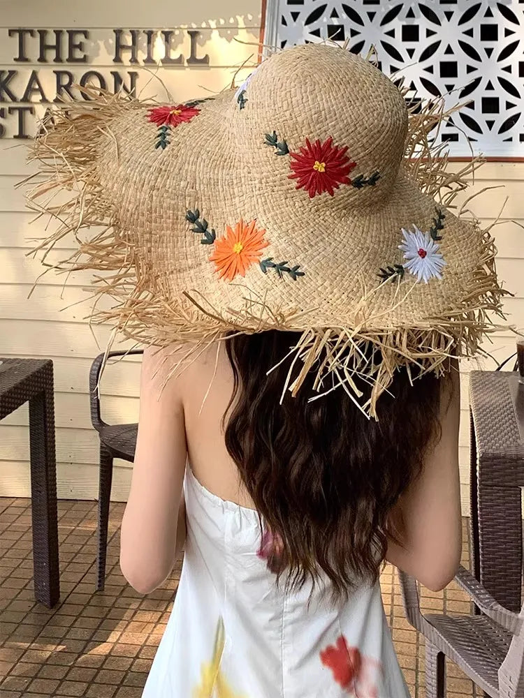Boater Straw Hat wide brim French elegant square ribbon women's sun hat holiday straw hat 모자 햇빛 가리개