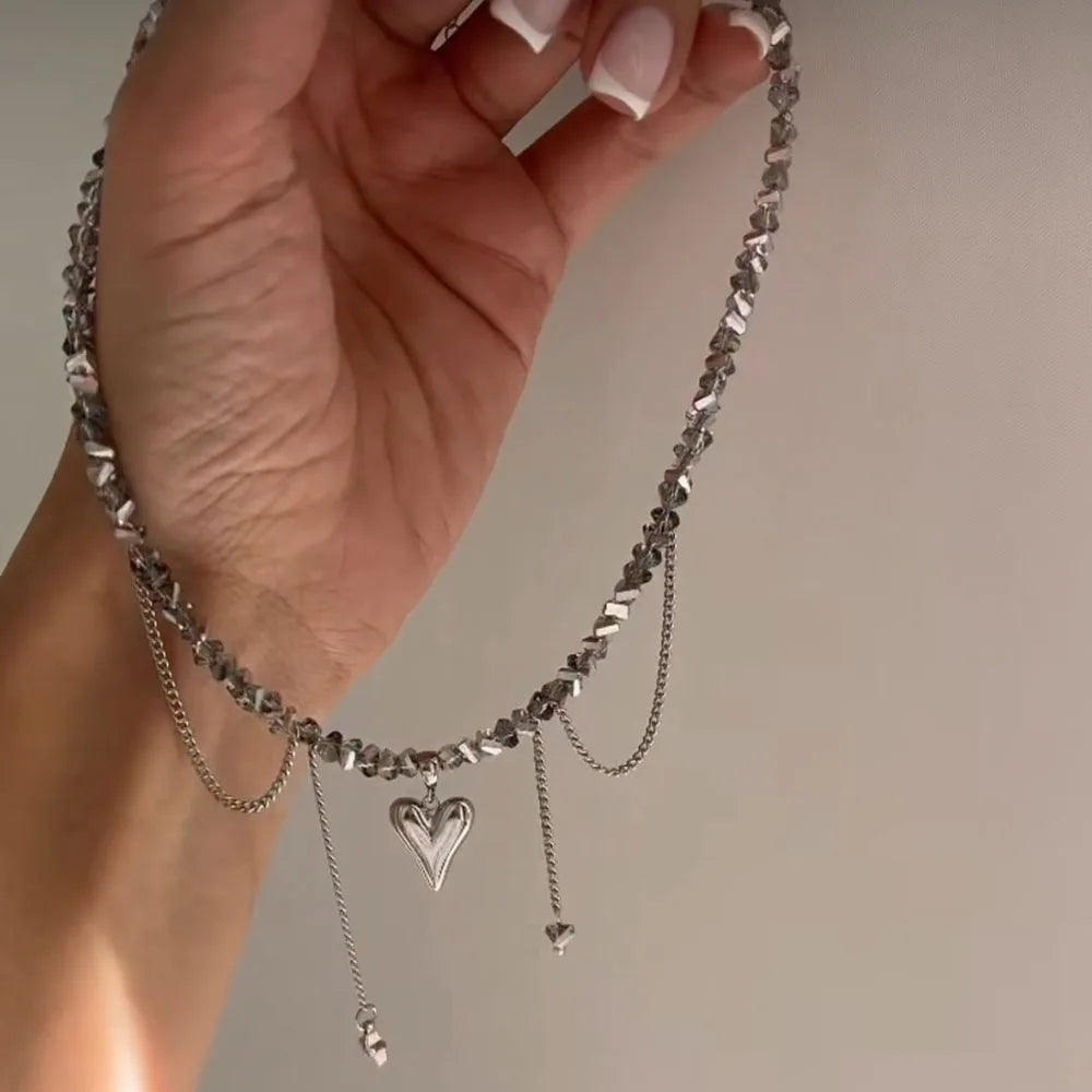 New Irregular Choker Vintage Zircon Heart Pendant Necklace For Women Female Pink & white Stone Chain Valentine's Gift N0548 -