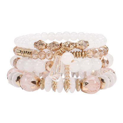 Bohemian Stackable Bead Bracelets for Women Multilayered Bracelet Pendant Charm Stretch Bangles - white
