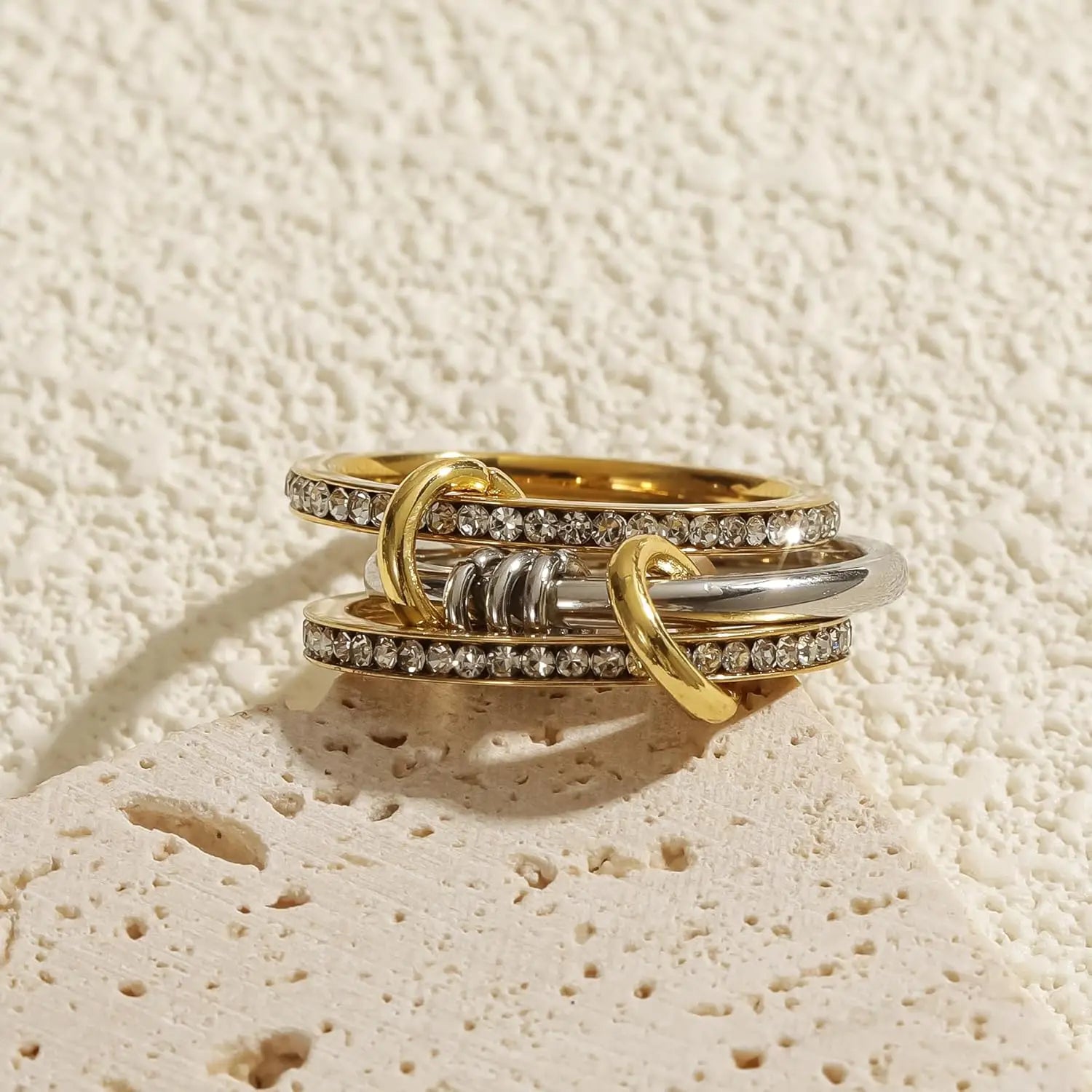 New Stainless Steel Cubic Zirconia Stackable Rings for Women 18k GoldPlating Multi-Link Connected Statement Ring Stack Jewelr
