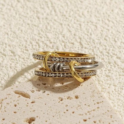New Stainless Steel Cubic Zirconia Stackable Rings for Women 18k GoldPlating Multi-Link Connected Statement Ring Stack Jewelr