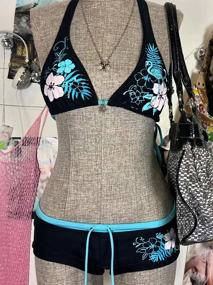 Vintage Flower print Cutie set Bikini 2000s Swimsuit Sexy Women Bathing Fashion Halter Strap Swimwear High Street Beach Femal