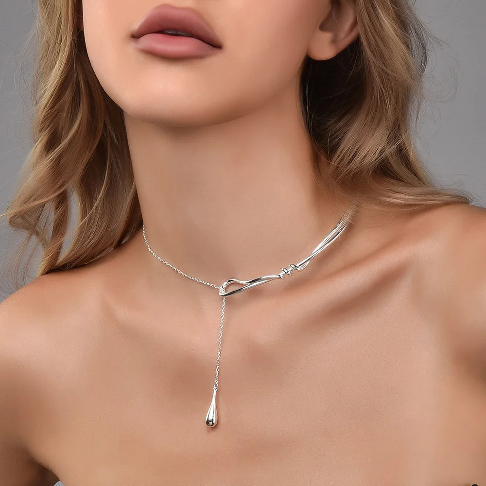 Lariat Y Necklace Choker Asymmetrical Knot Liquid Teardrop Pendant Minimalist Statement Collar Ornaments Jewelry Charms Set