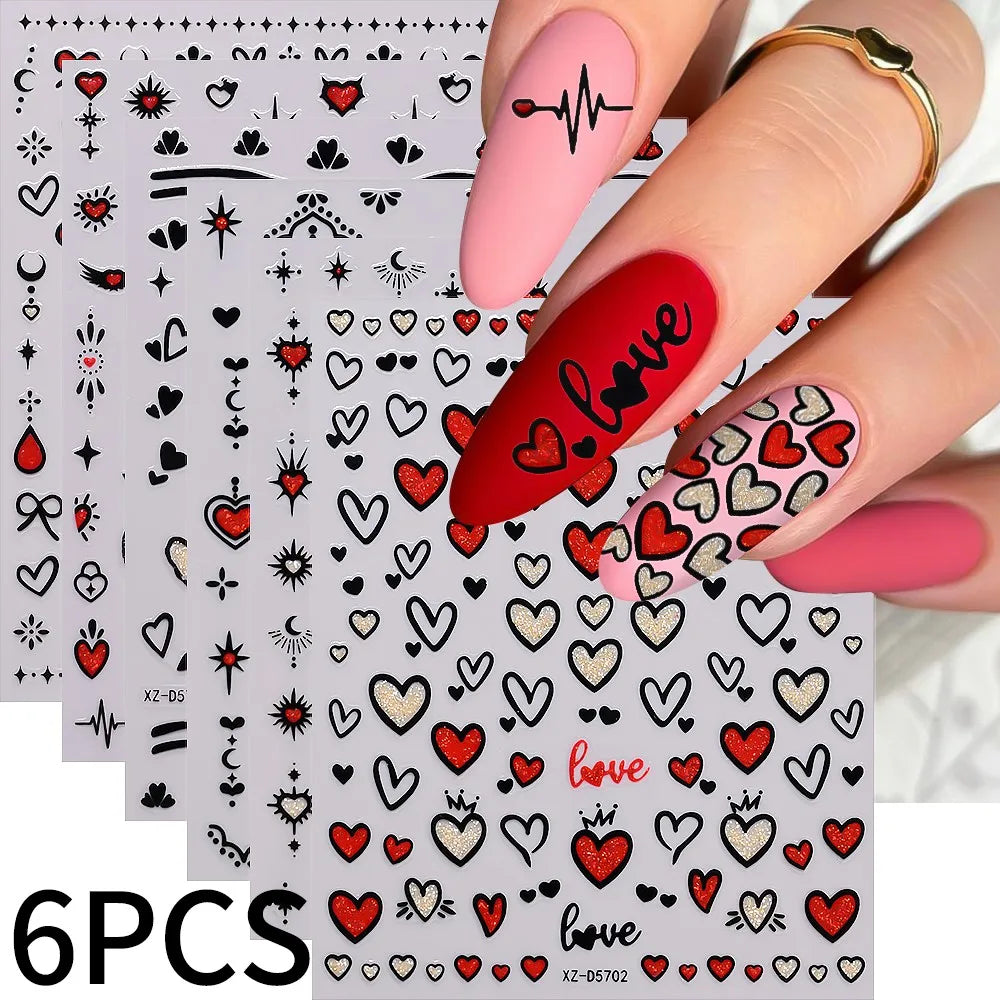 8pc 3D Mixed Color Heart Nail Stickers Valentines' Day Sweet Red Pink Love Selfadhesive Nail Decoration Decals Manicure Suppl