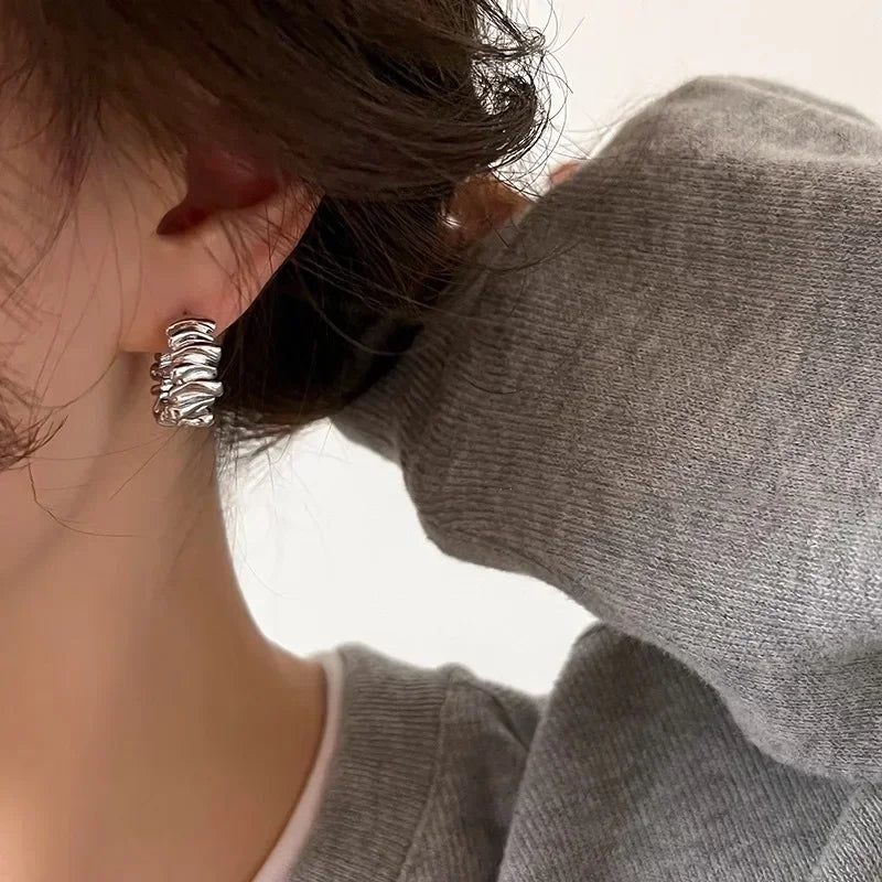 Personality Irregular Wavy Pleated Hoop Earrings for Women New Charm Gold Color Stainless Steel Dangle Jewelry Accessories Gi