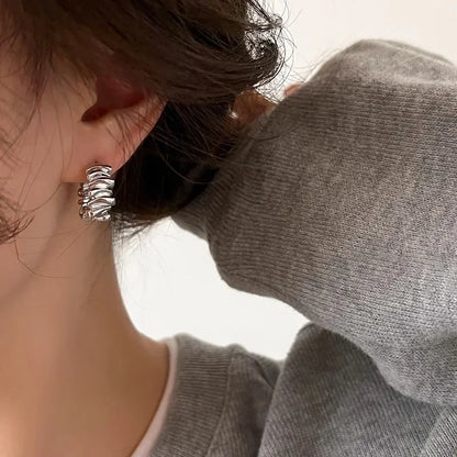 Personality Irregular Wavy Pleated Hoop Earrings for Women New Charm Gold Color Stainless Steel Dangle Jewelry Accessories Gi