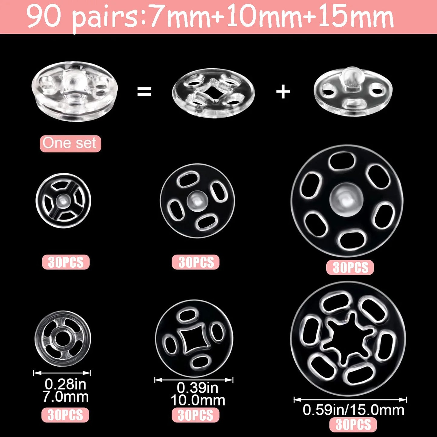 30/90Sets Plastic Sew-on Snap Buttons Invisible Snap Fasteners Buttons Round Clear Press Button for Sewing Clothing DIY Craft