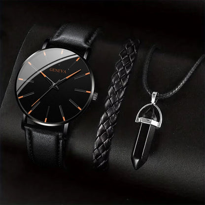 3PCS/Set Men Business Watches Casual Leather Band Analog Male's Quartz Watch Necklace Bracelet Set - D Set No Box
