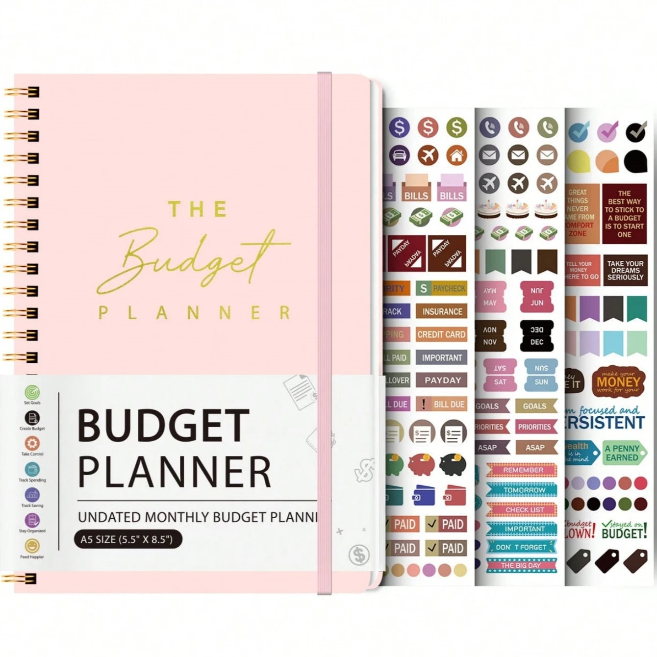 A5 Budget Planner Book with 3 Sheets Stickers, Undated Monthly Finance Organizer, Budget Journal for Money Management, Cash F