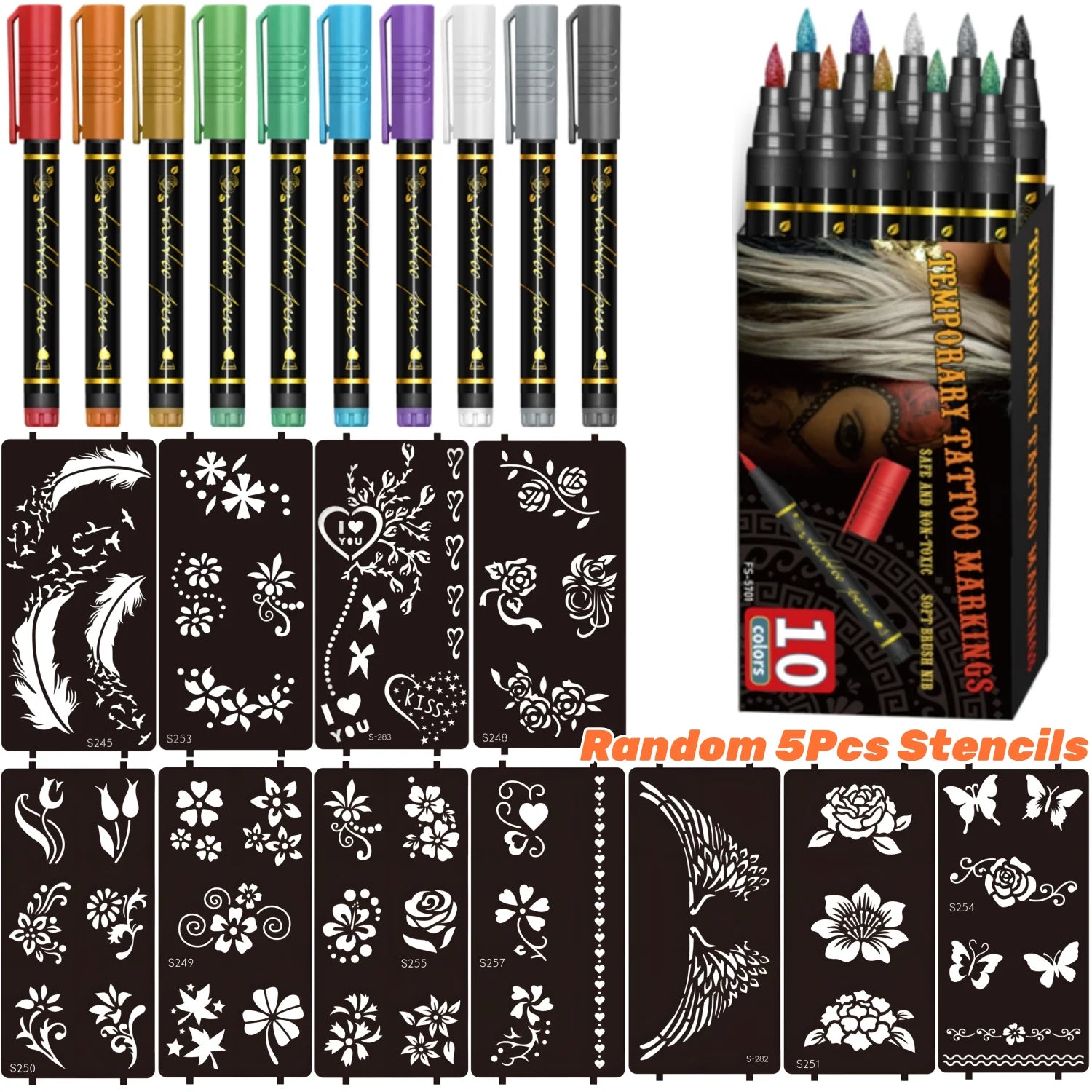 Temporary Tattoo Markers for Skin,10 Colors Tattoo Pens,Brush Tip,Bright colors,Face Paint Kit Cosmetic Quality,Halloween mak