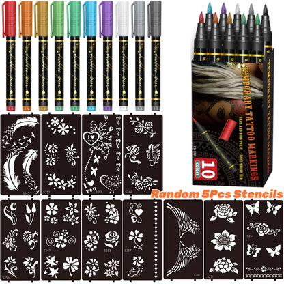 Temporary Tattoo Markers for Skin,10 Colors Tattoo Pens,Brush Tip,Bright colors,Face Paint Kit Cosmetic Quality,Halloween mak