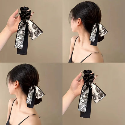 Black Velvet Retro Art Black White Printed Long Ribbon Hairband Bow Shaped Women Curling Elegant Fashion Versatile Decorative