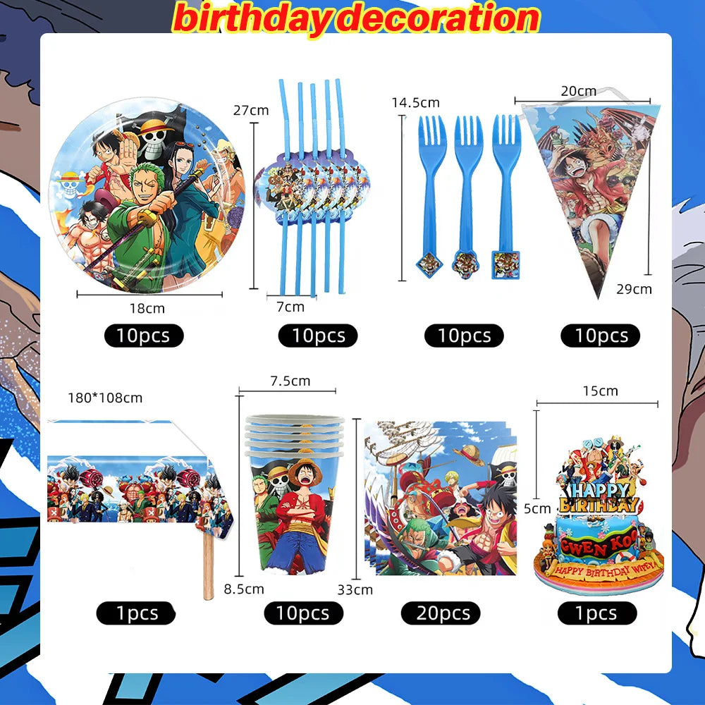 One Piece Birthday Party Dinner Plates Hanging Banner Cake Decoration One Piece Luffy Balloon Party Decoration Theme Props Gi