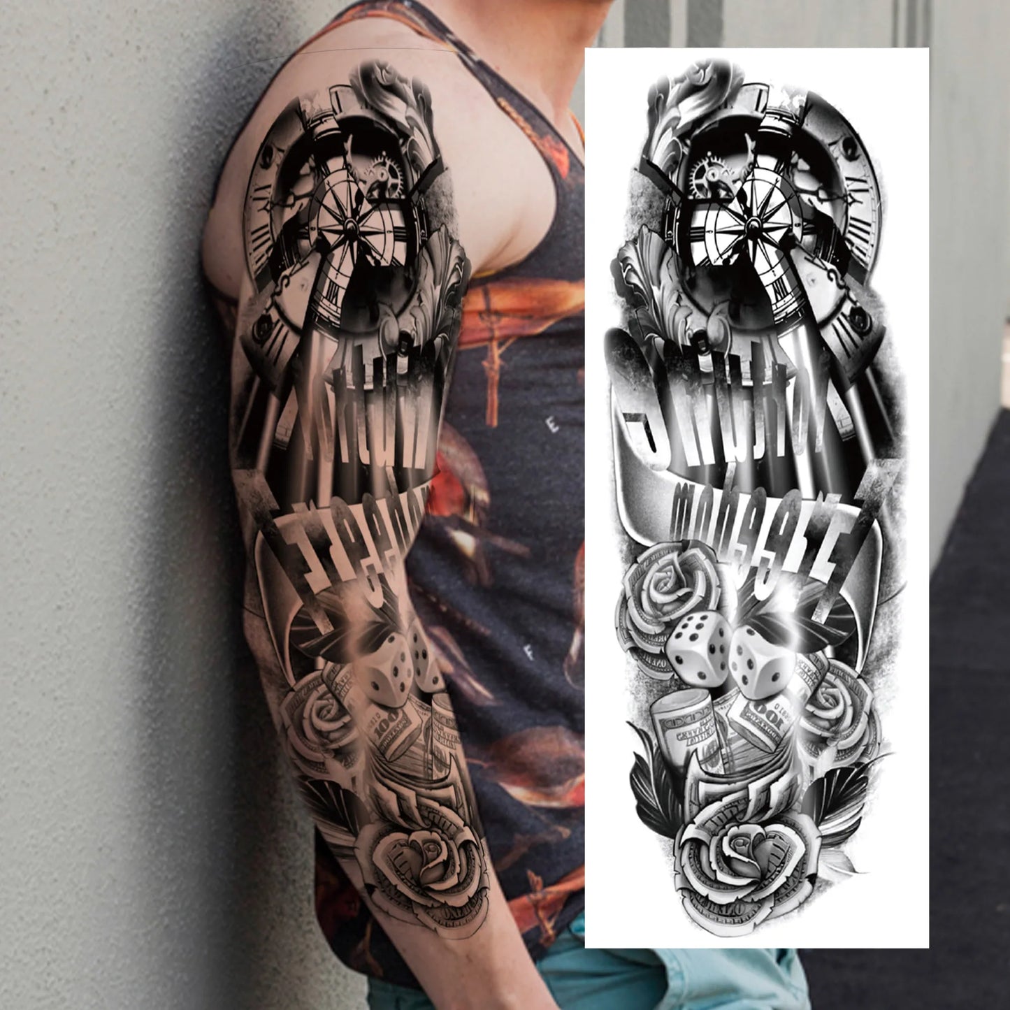 1 Sheets Wolf Lion Tiger Maori Temporary Tattoos For Men Women Adults Full Sleeve Arm Flower Rose Skull Tattoo Sticker Decor 