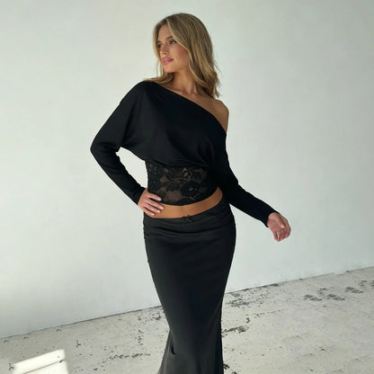 Elegant Patchwork Lace T-Shirt See Through Slim-Fitting Crew Neck Off-Shoulder Long Sleeve Tees Women 2025 Autumn Winter Fash
