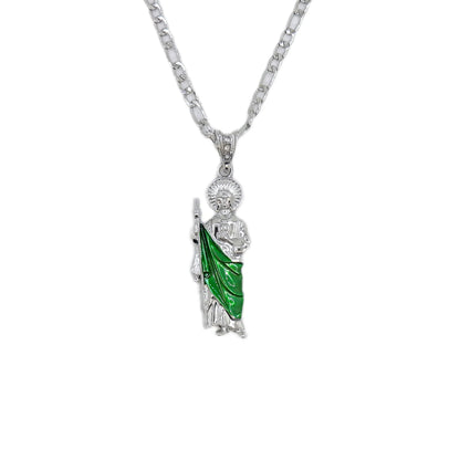 Saint Jude Necklace 14K Gold Plated San Judas Pendant Figaro Chain - Silver