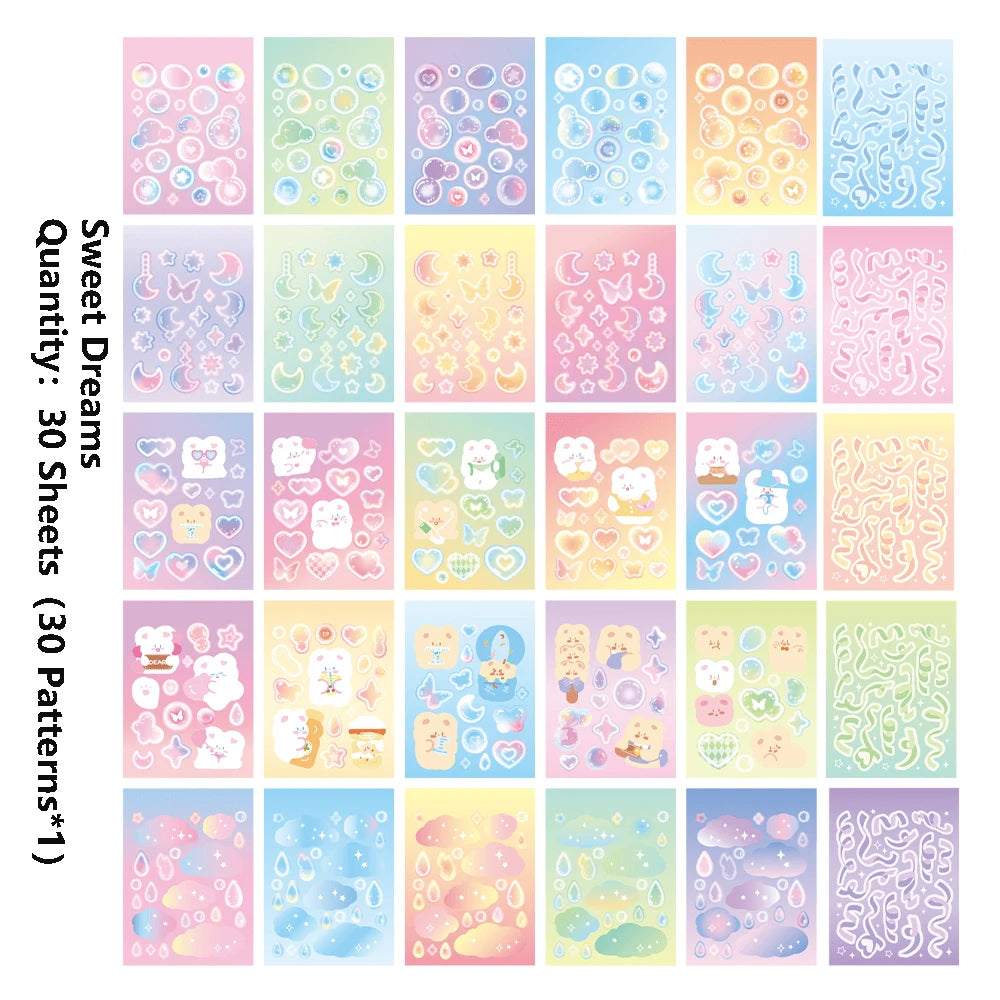 30 Sheets Cute Colorful Fantasy Paper Scrapbooking Stickers Book 30 Different Patterns DIY Decorative Aesthetic Journal Stick