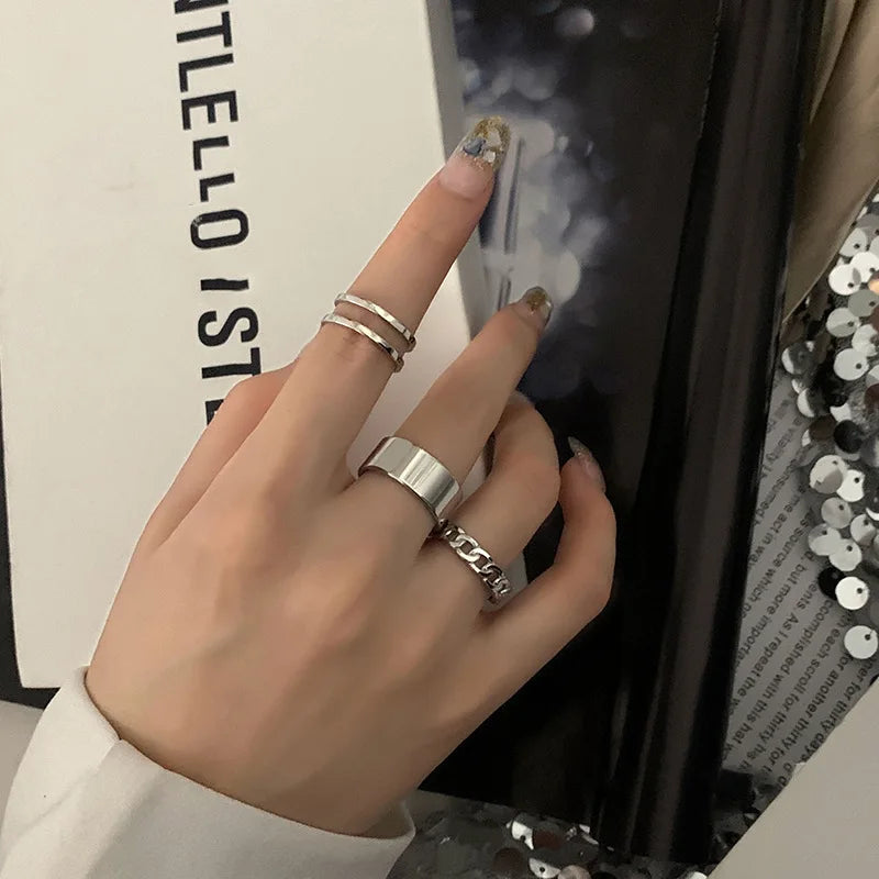 Punk Simple Rings Set Silver Color Geometric Hollw Wide Ring Set Women's Vintage Joint Hiphop Finger Rings Jewelry