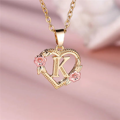 Female A-Z Letter Flower Pendant Necklace Yellow Gold Color Wedding Jewelry Gift For Women - K