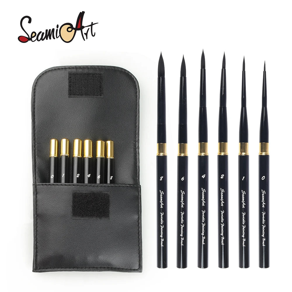 SeamiArt 6pcs/Set With Portable Pu Brush Bag DivIsible Short Holder Watercolor Journal Paint Brush for Art Supplies