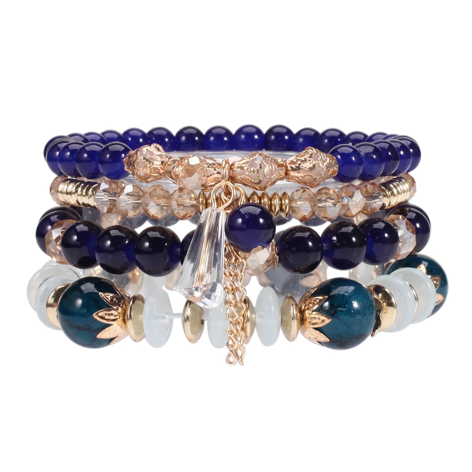 Bohemian Stackable Bead Bracelets for Women Multilayered Bracelet Pendant Charm Stretch Bangles - dark blue