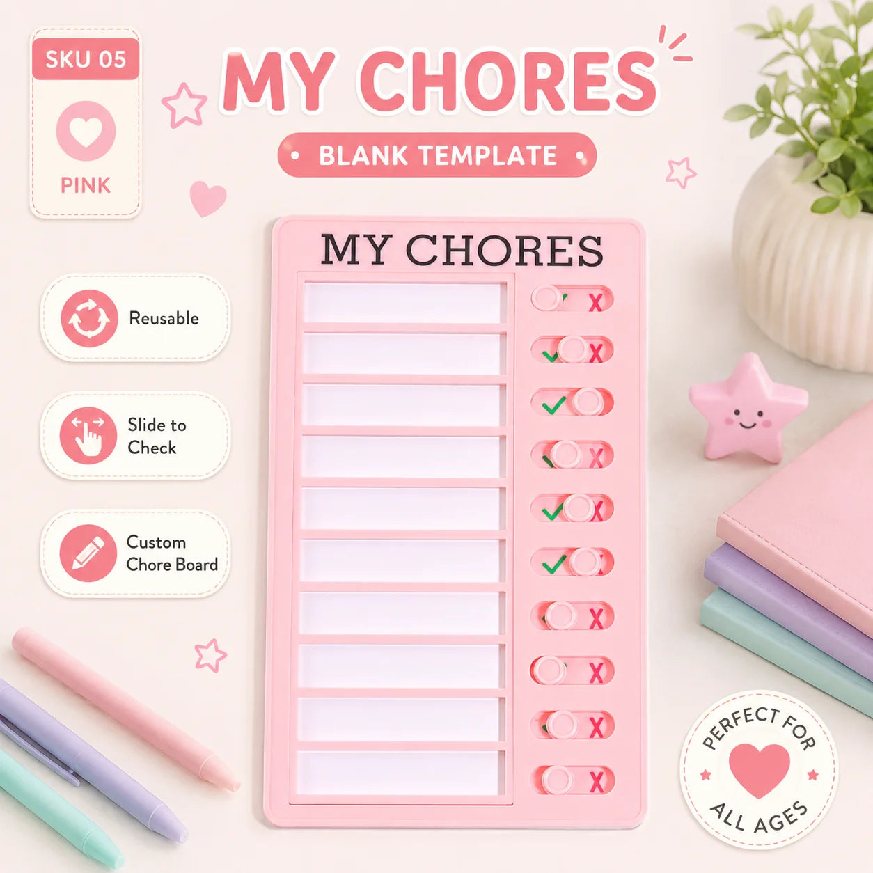 Self Discipline Checklist Board, Replaceable Plastic Chore Chart for Kids Adults, Summer Task Planner & Daily Habit Tracker -