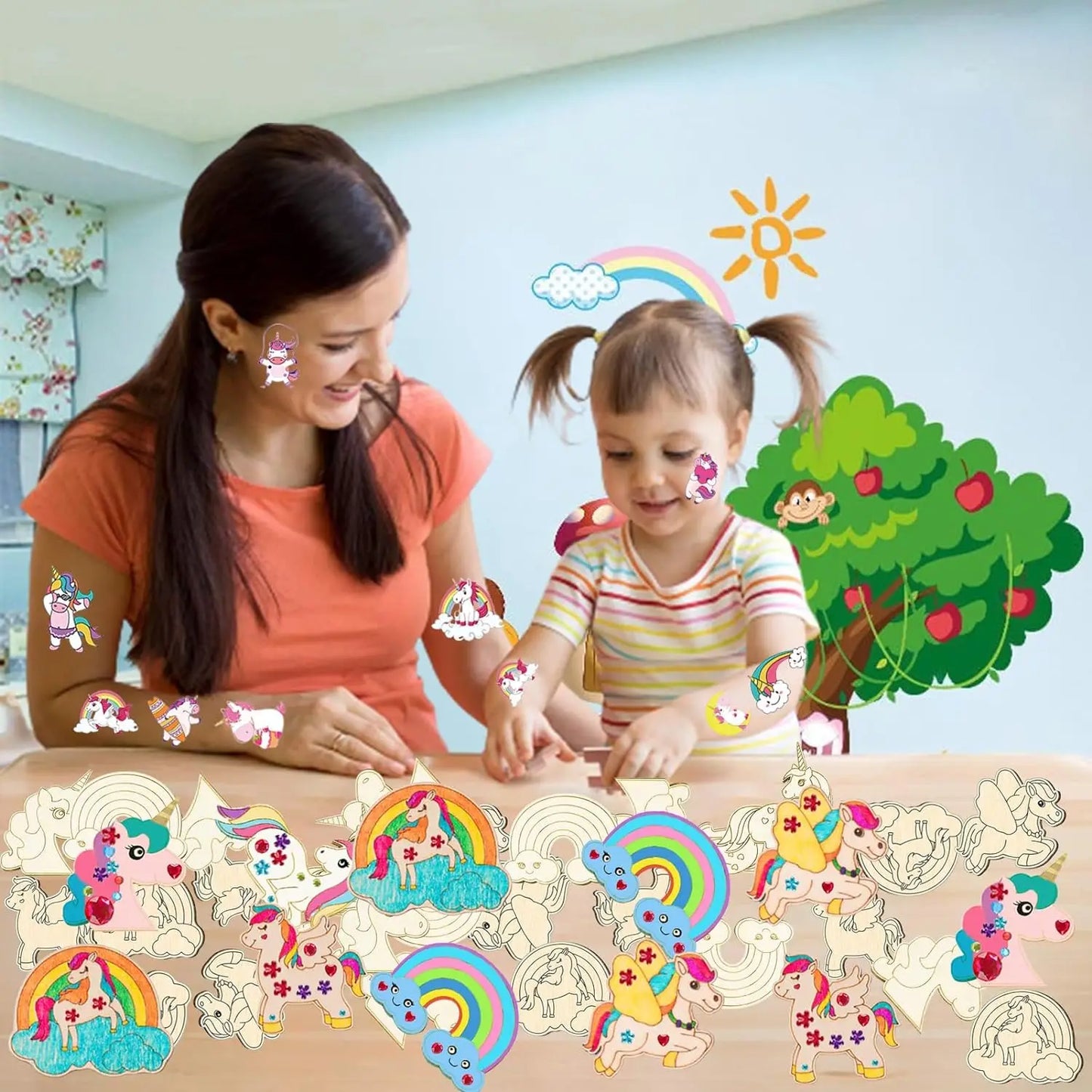 386Pcs Unicorn Wood Craft Set with 18Pcs Unicorn Wood, 354 Rhinestones, 12 Colored Pencils, 2 Stickers, Boys/Girls DIY Crafts
