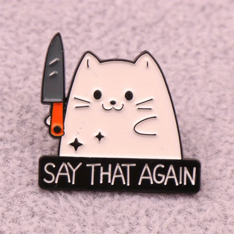 Cute Knife Wielding Kitten Brooch Unique Badge Accessory Gift
