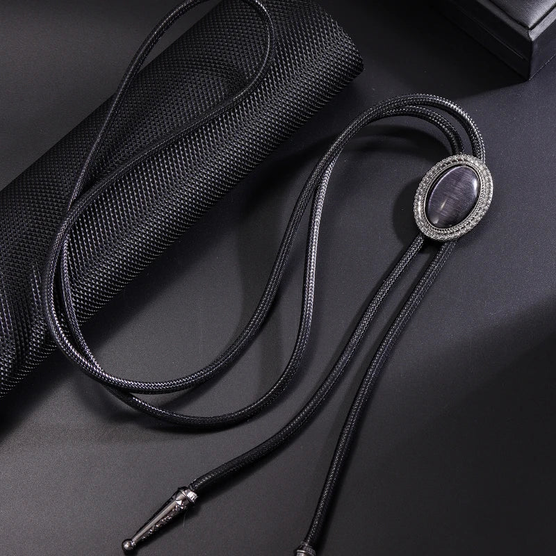 Bolo Tie for Women Men Vintage Crystal Oval Shirt Bowtie Western Cowboy Necktie Luxulry Fashion Jewelry Accessories - Black