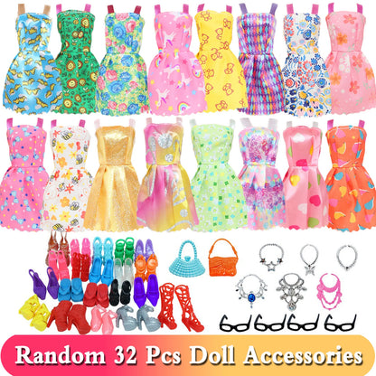 32 Item/Set 11.5 inch Doll Accessories=10 Mix Dress+ 4 Glasses+ 6 Necklaces+2 Handbag+ 10 Shoes Clothes 11.8'' Doll - 32 Pcs