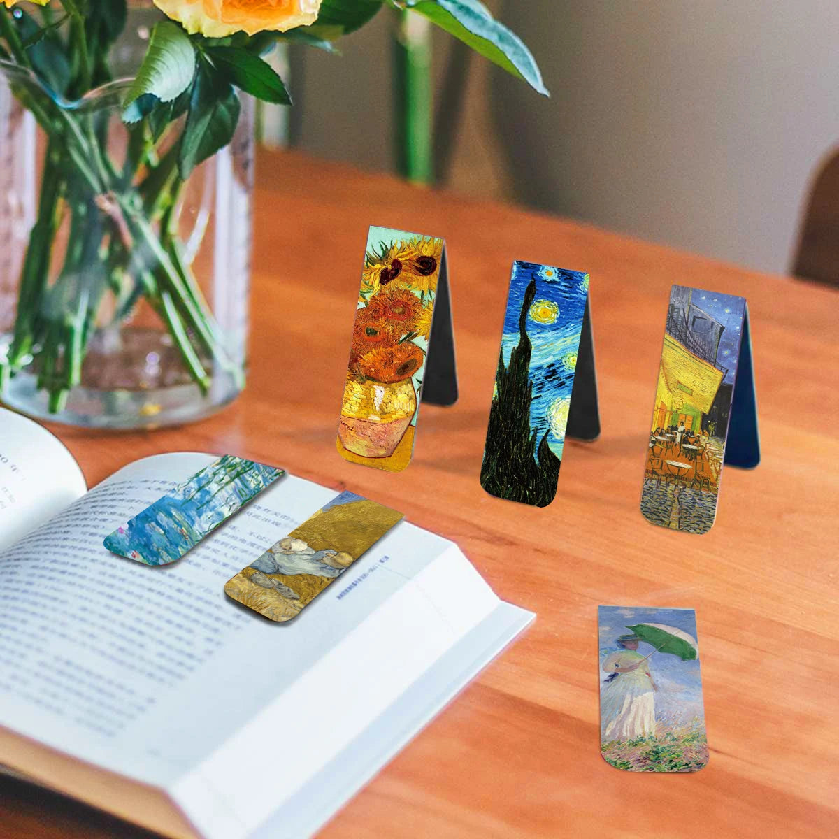 12pcs Artistic Magnetic Bookmarks Featuring World Famous Paintings by Van Gogh & Monet - Ideal for School, Office, And Art Lo