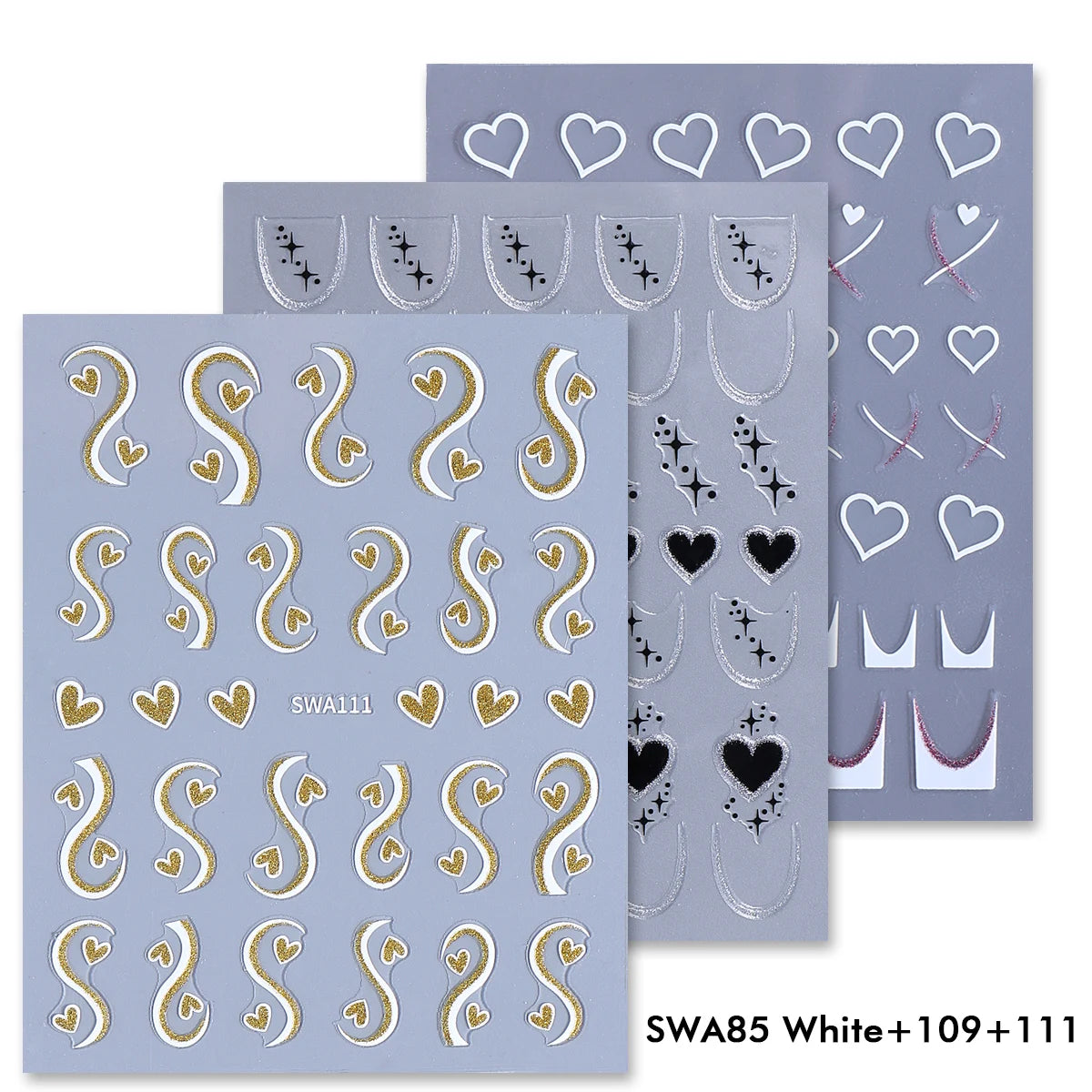3pcs Valentine's Day Nail Art Stickers 3D Black White Pink Lines Love Heart Nail Decals DIY Adhesive Slider Manicure Decorati