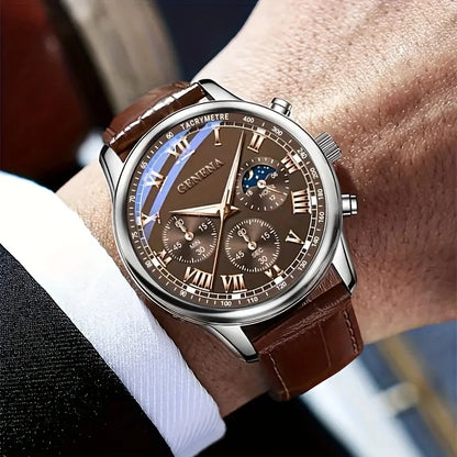 GENEVA Men's Luxury Belt Fashion Quartz Watch Men Round Business Student Sport Waterproof Glow Clock