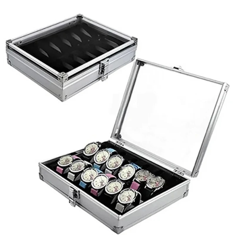 Aluminum Structure Watch Storage Box 12 Grid Slot Jewelry Display Square Case Suede Inside Rectangle Watch Holder for Organiz