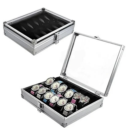 Aluminum Structure Watch Storage Box 12 Grid Slot Jewelry Display Square Case Suede Inside Rectangle Watch Holder for Organiz